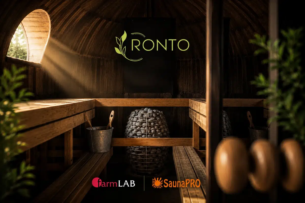 RONTO Latvia sauna interior with FarmLab and SaunaPro branding